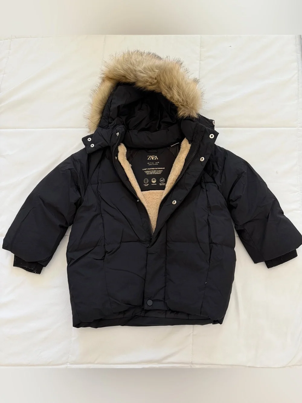 Zara Black Puffer Jacket with Faux Fur-Trim Hood